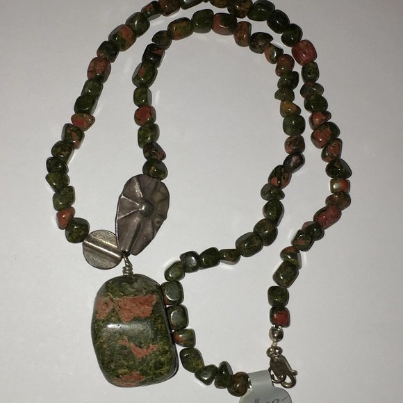 16" Unakite and Silver Necklace - Picture 1 of 14